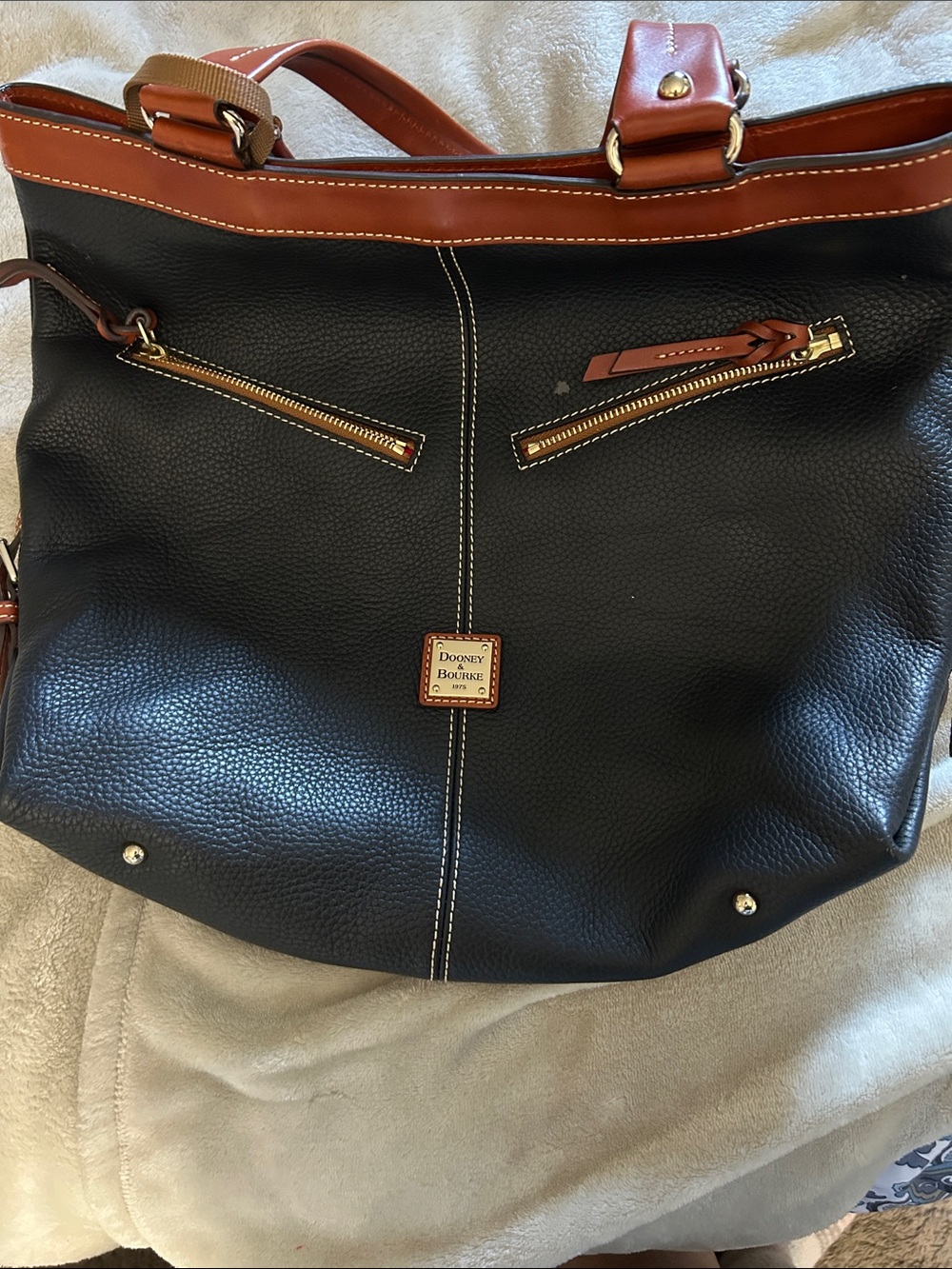 Dooney & Bourke Black Pebbled Leather Messenger with Brown Trim